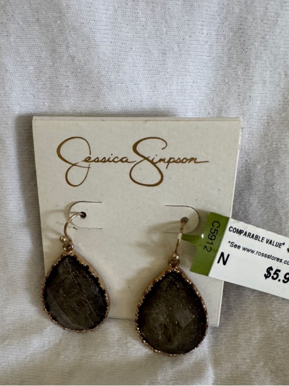 Jessica Simpson Olive Gray Teardrop Dangle Earrings with Gold Trim